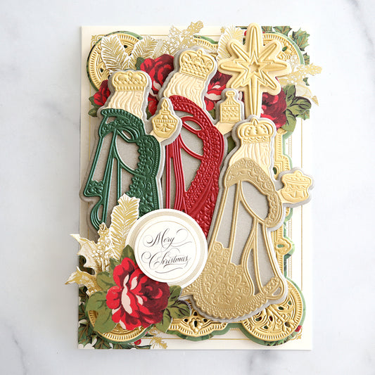 red, green and gold wise men and roses on a card