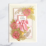 white and pink card with foil flourishes and vellum flowers made with gold foil rub on transfers