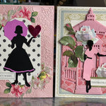 Two pink cards with various elements from the craft room