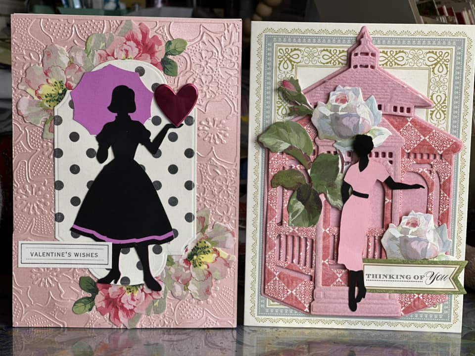 Two pink cards with various elements from the craft room