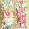 Two decorative greeting cards in pastel colors. The left card features a large pink flower with a birthday message; the right card has multiple pink flowers with a gold patterned background.