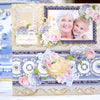 A decorated scrapbook page featuring a photo of an elderly woman and a young child, embellished with floral designs, gold accents, and a teapot motif against a blue and white patterned background.