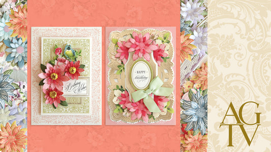 Two ornate greeting cards with layered floral designs and lace patterns; one reads "Thinking of You," the other reads "Happy Birthday," displayed on a floral and peach background.