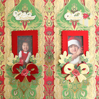 Expertly accented with patterned cardstock from the Jasmine Holiday Papercrafting Kit, two children’s holiday portraits are displayed in ornate red, gold, and green frames adorned with Christmas-themed embellishments and the words “Christmas” and “Wonder” above each photo, adding an extra touch of festive flair.
