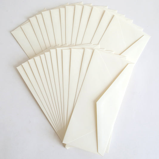 A 25-pack of Natural Envelopes (4.125" x 9.5") is displayed fanned out on a white surface.