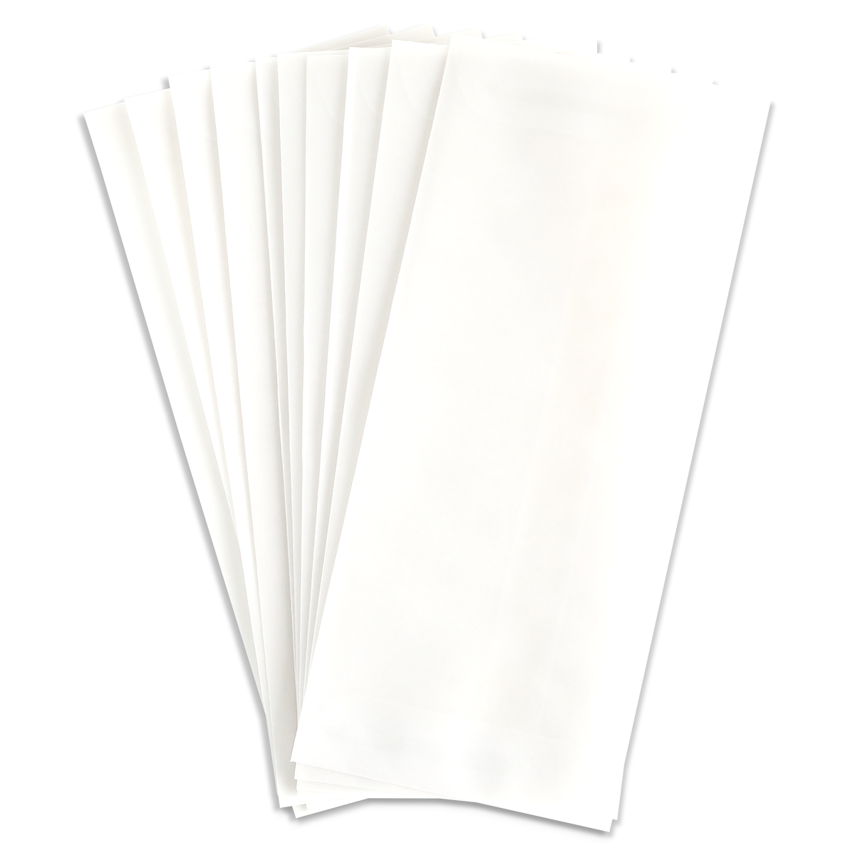 A stack of white rectangular sheets is fanned out against a light grey background, shown alongside the 10 Pack Vellum Envelopes (9.5″ x 4.125″)—an ideal pairing for creating elegant invitations.