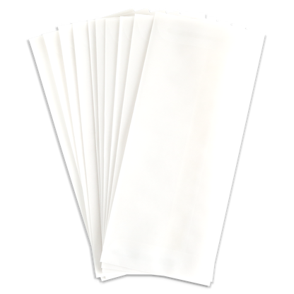 A stack of white rectangular sheets is fanned out against a light grey background, shown alongside the 10 Pack Vellum Envelopes (9.5″ x 4.125″)—an ideal pairing for creating elegant invitations.