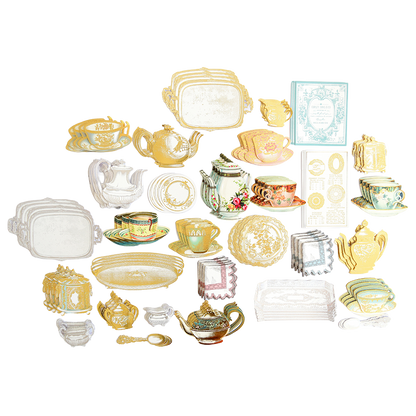 Experience elegance with Favorite Tea Embellishments 120 Count—a curated collection of illustrated vintage teacups, teapots, saucers, trays, and plates beautifully arranged on a crisp white background. Perfect as decorative stickers for scrapbooks or handmade card embellishments, these charming designs capture the nostalgic beauty of antique tea sets for a delightful finishing touch to any project.