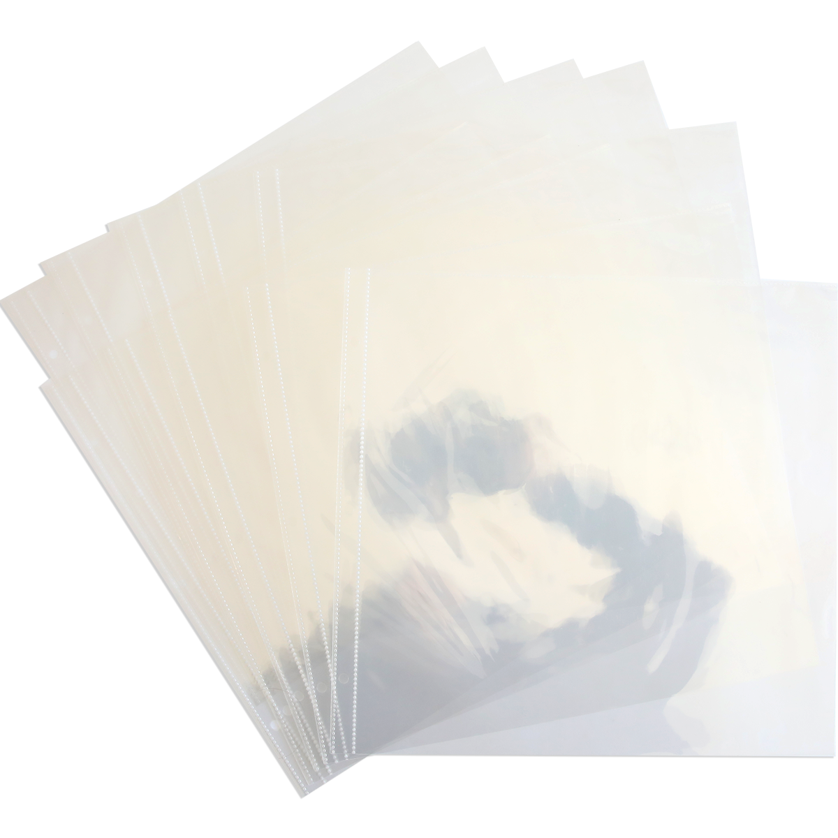 A stack of 12 x 12 Page Protectors 10 count fanned out on a white background.