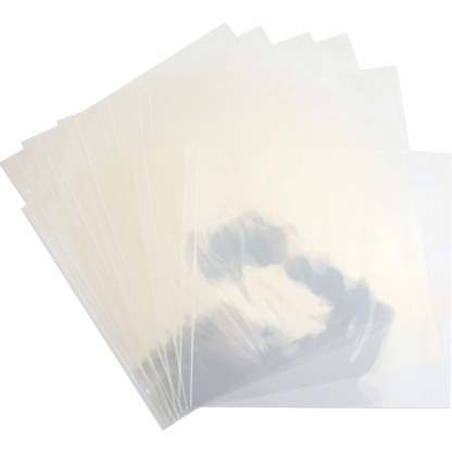 A stack of 12 x 12 Page Protectors 10 count fanned out on a white background.