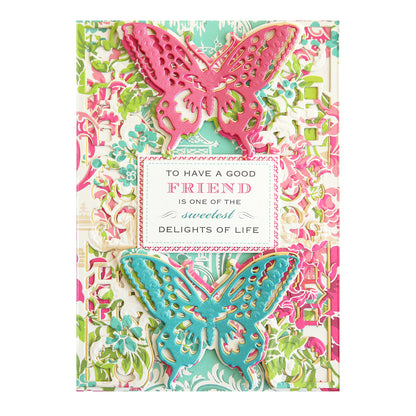 Greeting card featuring pink and blue butterfly cutouts, made with the Chinoiserie Papercrafting Kit with Dies, and a message: "To have a good friend is one of the sweetest delights of life.