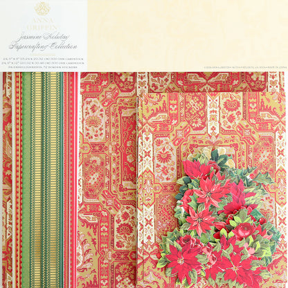 A holiday craft set featuring patterned red and gold paper, striped ribbon, and poinsettia flower cutouts arranged on top—perfect for pairing with your Jasmine Holiday Papercrafting Kit and festive embellishments.