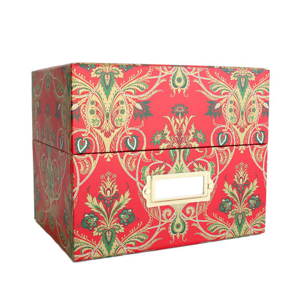 Christmas Jasmine Die Storage Box in red, featuring a gold, green, and cream decorative pattern and a front label holder—ideal for storing Christmas dies or papercrafting supplies. The box is shown closed against a white background.