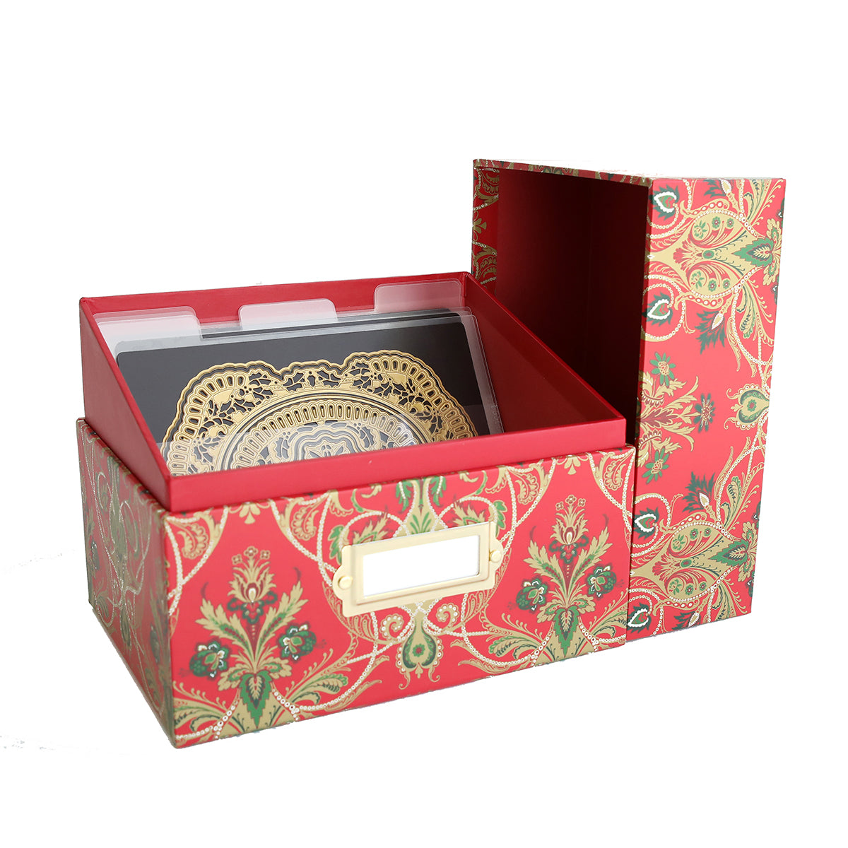Christmas Jasmine Die Storage Box in a red and gold patterned design with an open lid, featuring dividers and decorative cards adorned with gold detailing at the front—ideal for elegant papercrafting storage or organizing your metal die collection.