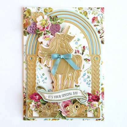 A decorative greeting card crafted with the 3D Unicorn Scene Dies, featuring floral patterns and a message saying "it's your special day.