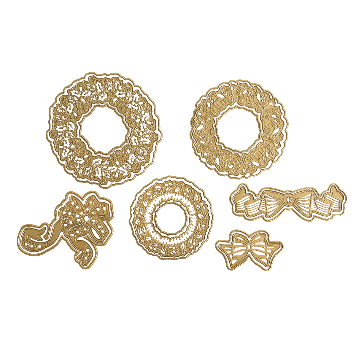 Radiant Holiday Wreath and Bow Bundle featuring six gold-colored metal craft dies in the shapes of three 3D wreath designs and three assorted bows for holiday card making.