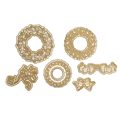 Radiant Holiday Wreath and Bow Bundle featuring six gold-colored metal craft dies in the shapes of three 3D wreath designs and three assorted bows for holiday card making.