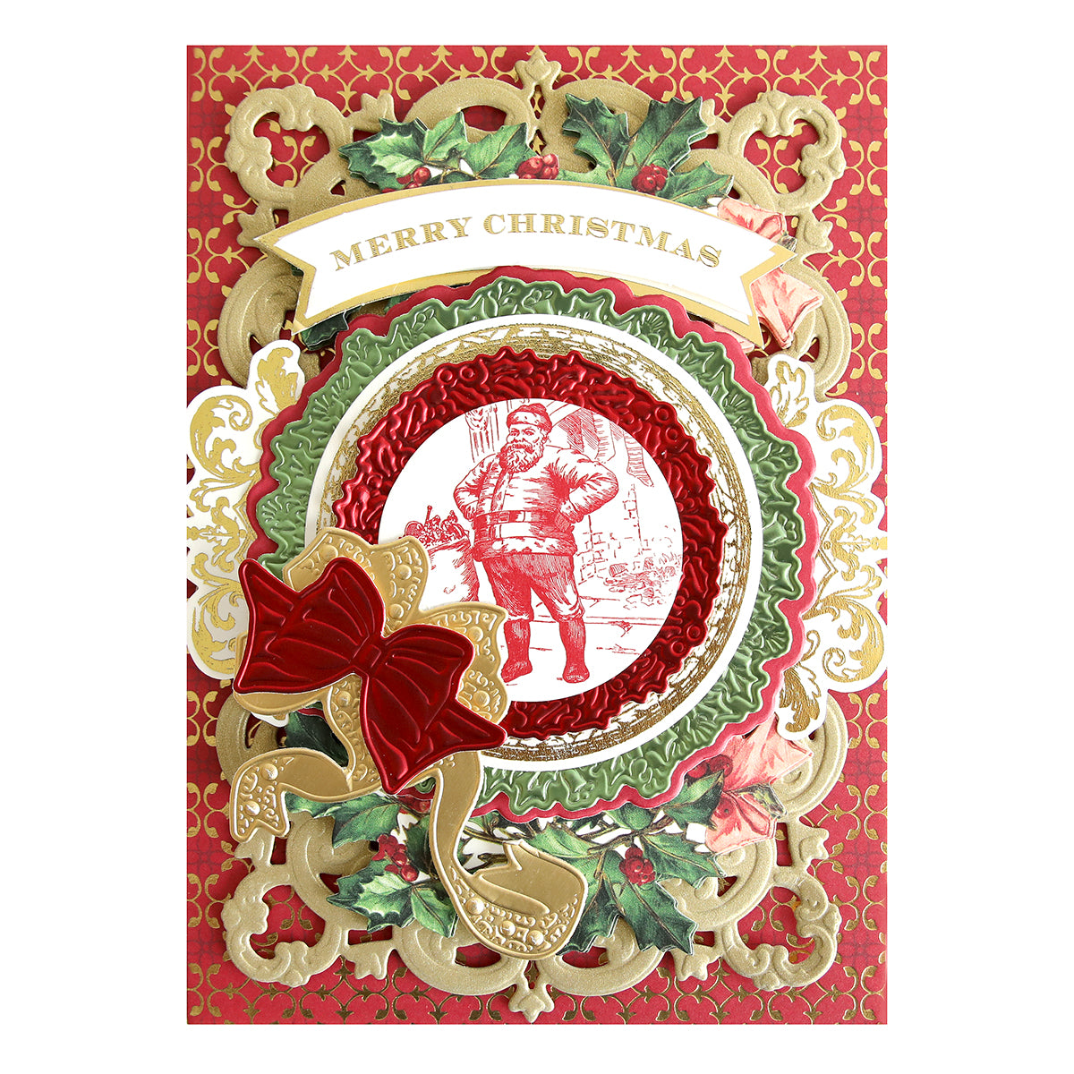 Radiant Holiday Wreath and Bow Bundle Christmas card featuring Santa, gold filigree, holly leaves, a red bow, and a “Merry Christmas” foil banner.