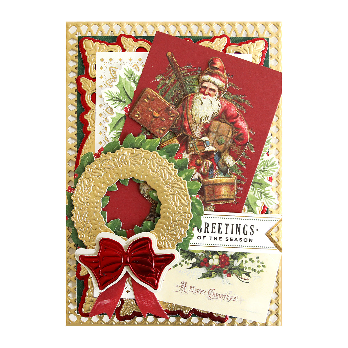 Radiant Holiday Wreath and Bow Bundle layered Christmas card featuring a vintage Santa illustration, 3D wreath dies, a gold-toned bow, and “Greetings of the Season” and “A Merry Christmas!” foil text.