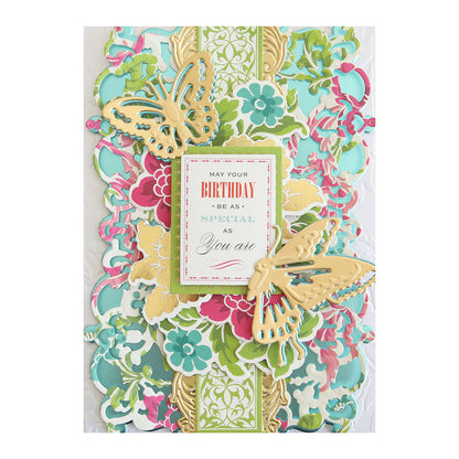 A decorative birthday card featuring layered floral patterns, gold butterflies, and a heartfelt message—crafted with the Chinoiserie Papercrafting Kit with Dies for an elegant, personalized touch.