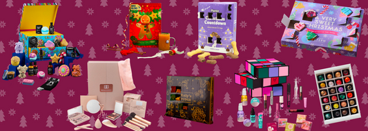 A selection of nine different advent calendars featuring beauty products, chocolates, pet treats, and candles against a red background with Christmas tree icons.