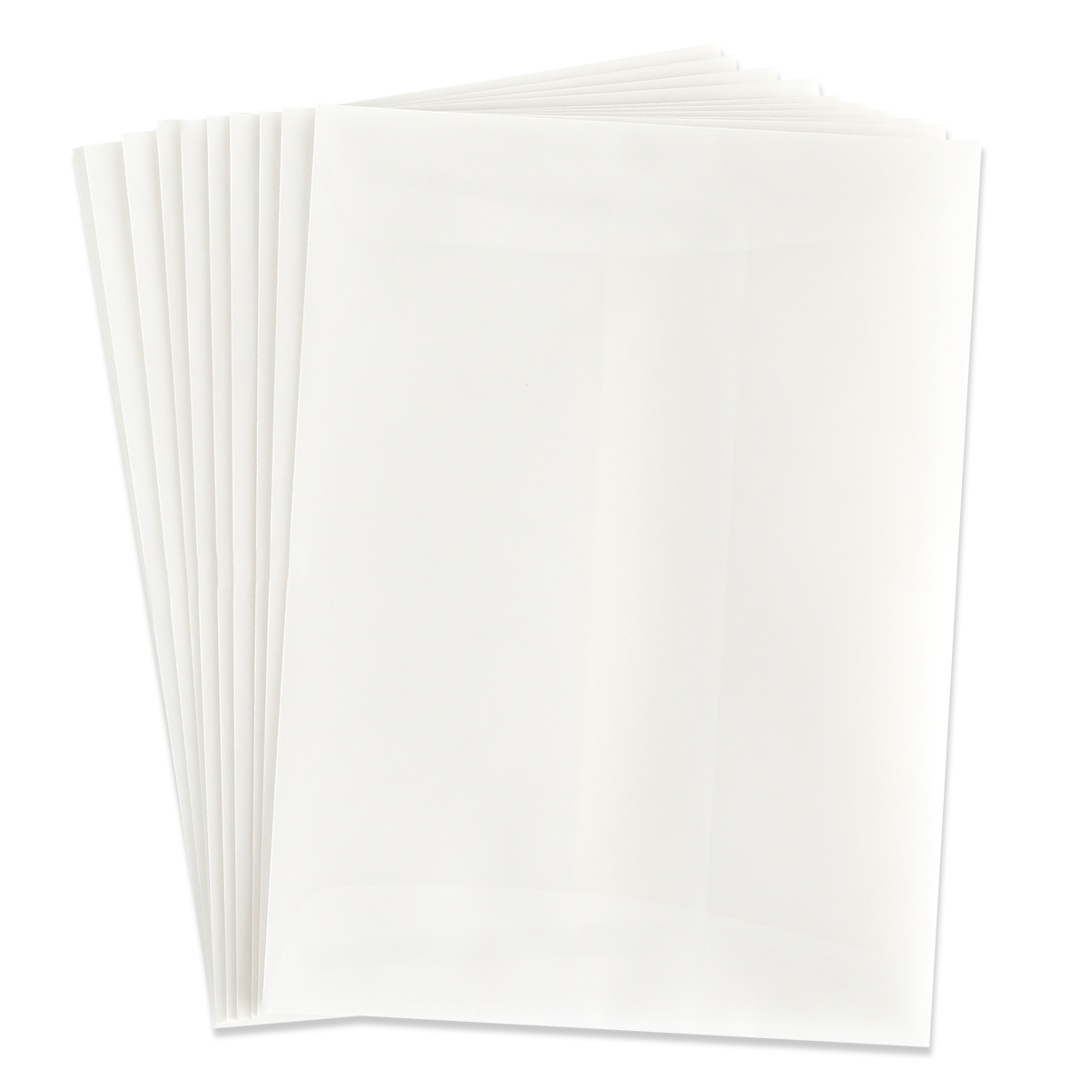 A fanned stack of 10 Pack Vellum A6 Envelopes (4.75″ x 6.5″) is displayed on a white background, showcasing their translucent, rectangular design—an elegant choice for invitations or special correspondence.