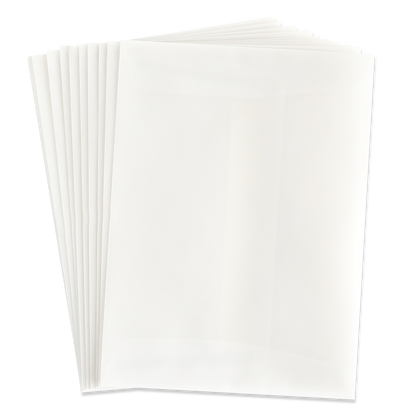 A fanned stack of 10 Pack Vellum A6 Envelopes (4.75″ x 6.5″) is displayed on a white background, showcasing their translucent, rectangular design—an elegant choice for invitations or special correspondence.