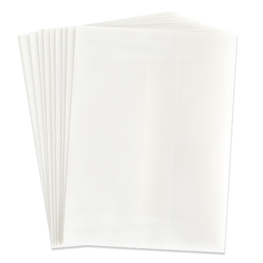 A fanned stack of 10 Pack Vellum A6 Envelopes (4.75″ x 6.5″) is displayed on a white background, showcasing their translucent, rectangular design—an elegant choice for invitations or special correspondence.