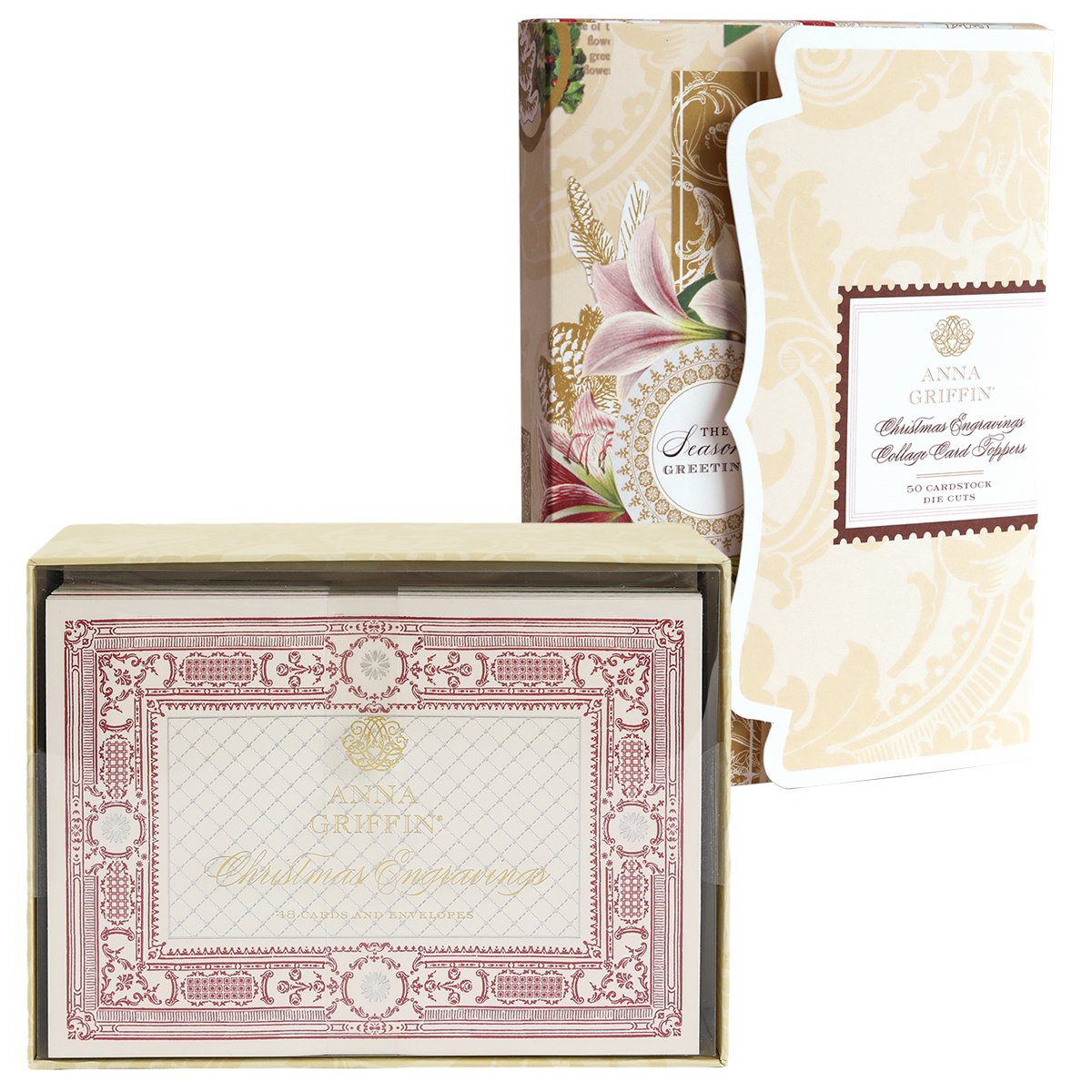 Two ornate Christmas Engravings Cards and Toppers Bundle boxes by Anna Griffin—one standing upright with the lid open and one closed—showcasing elegant floral and decorative patterns. Perfect for organizing your holiday stationery or storing festive card toppers.