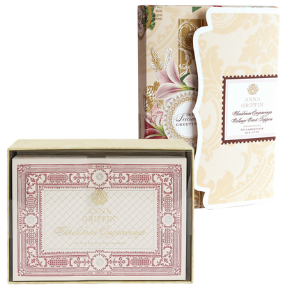 Two ornate Christmas Engravings Cards and Toppers Bundle boxes by Anna Griffin—one standing upright with the lid open and one closed—showcasing elegant floral and decorative patterns. Perfect for organizing your holiday stationery or storing festive card toppers.