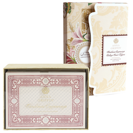 Two ornate Christmas Engravings Cards and Toppers Bundle boxes by Anna Griffin—one standing upright with the lid open and one closed—showcasing elegant floral and decorative patterns. Perfect for organizing your holiday stationery or storing festive card toppers.
