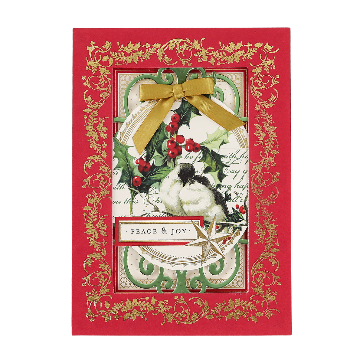 Christmas Engravings Cards and Envelopes: A red holiday card adorned with gold decorations, a golden bow, an illustration of birds on holly branches, and a central label reading “PEACE & JOY”—an ideal choice for Anna Griffin Christmas fans and collectors of exquisite holiday cards.