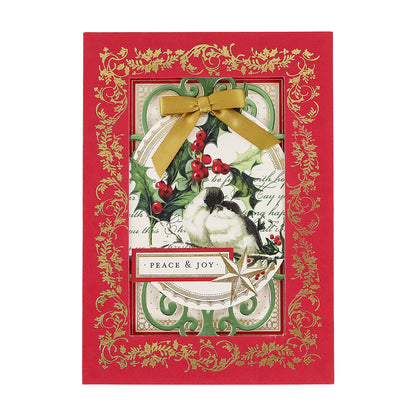 Christmas Engravings Cards and Envelopes: A red holiday card adorned with gold decorations, a golden bow, an illustration of birds on holly branches, and a central label reading “PEACE & JOY”—an ideal choice for Anna Griffin Christmas fans and collectors of exquisite holiday cards.