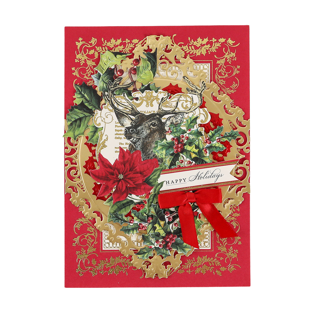 The Christmas Engravings Cards and Envelopes feature a red holiday card adorned with gold detailing, a reindeer, poinsettias, holly, and a red bow. A festive banner reads “Happy Holidays.” Ideal for Anna Griffin Christmas enthusiasts or anyone who enjoys creating handmade holiday cards.