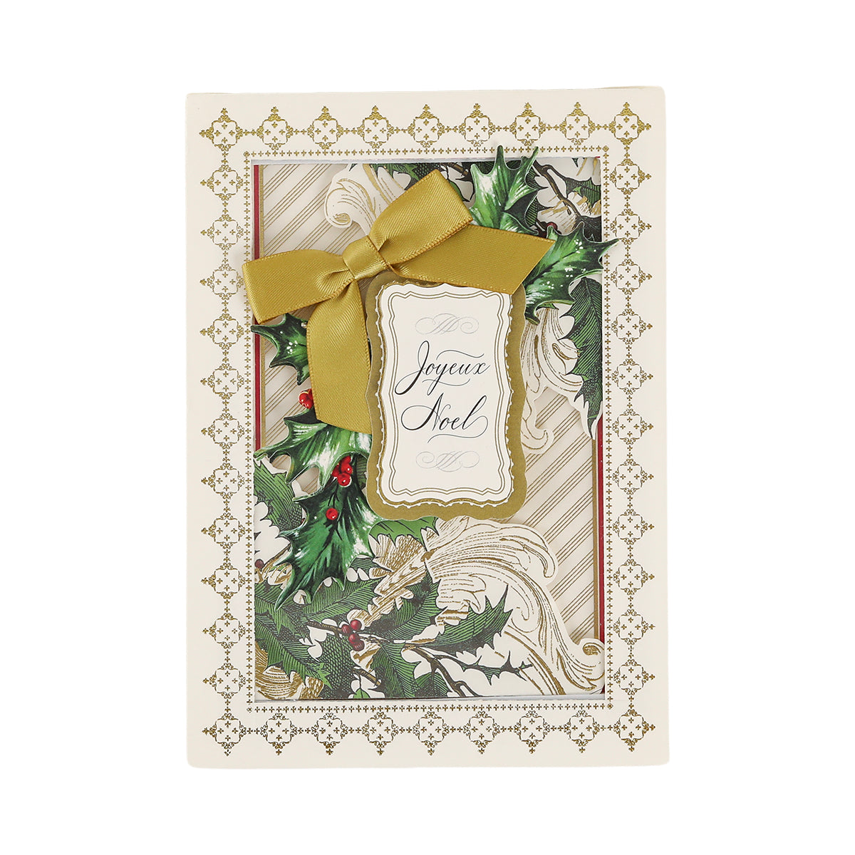 The Christmas Engravings Cards and Envelopes are perfect for Christmas card making, featuring a gold bow, holly decoration, and the text “Joyeux Noël” on an ornate cream and gold background in signature Anna Griffin Christmas style.