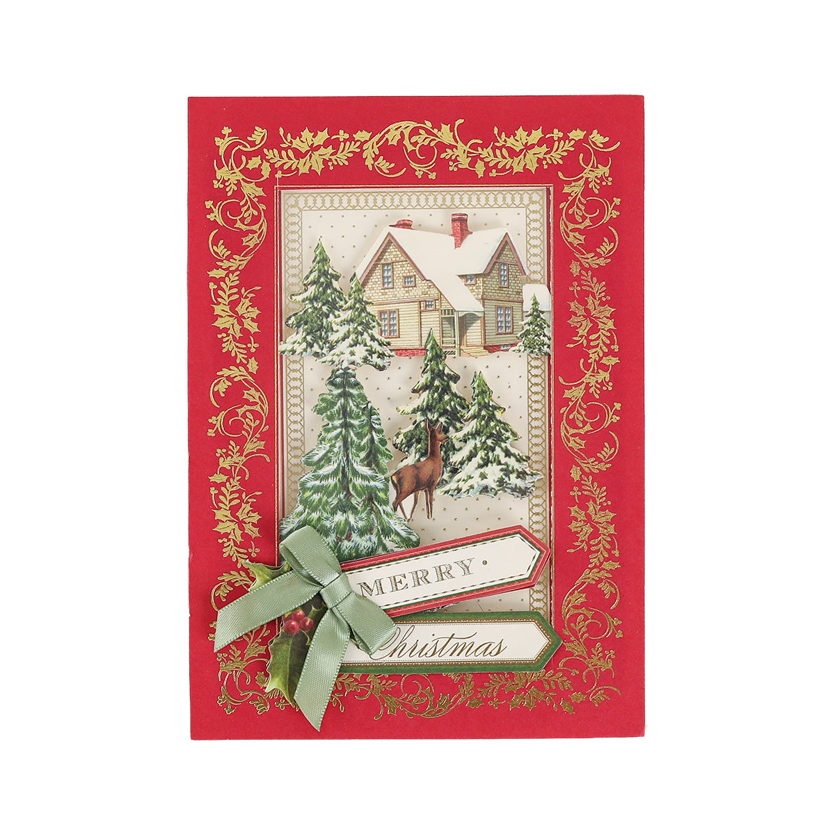 Bring an elegant touch to your holiday greetings with the Christmas Engravings Cards and Envelopes. This red and gold card design features a house, trees, a deer, and a green ribbon—perfect for Christmas card making enthusiasts. The set showcases Anna Griffin’s signature style and includes two “Merry Christmas” tags to complete your festive creations.