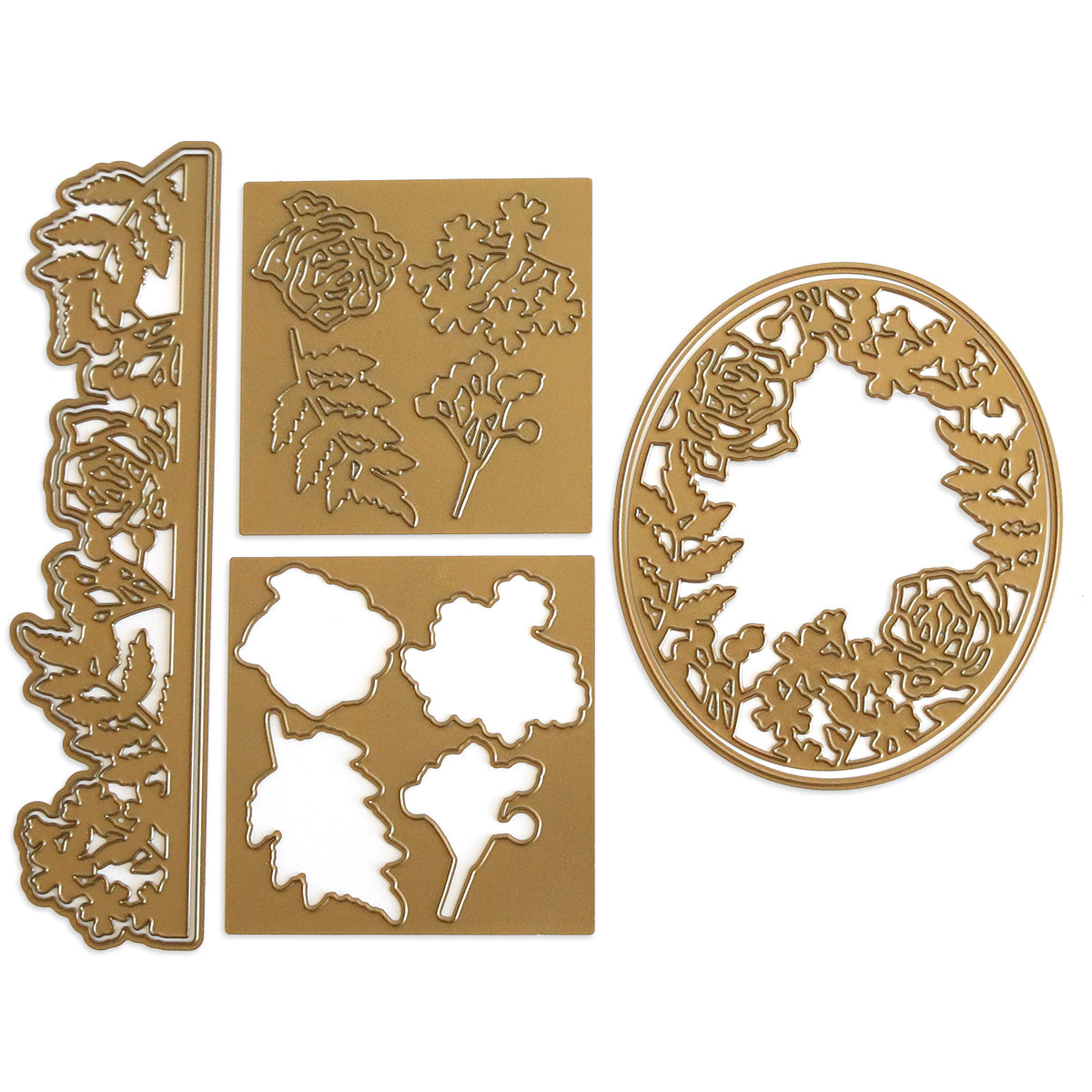 The Wildflower 3D Folder and Dies set, featuring gold metal cutting dies with floral and leaf designs in rectangular and oval shapes, is artfully arranged on a white background, evoking the feel of a wildflower garden.