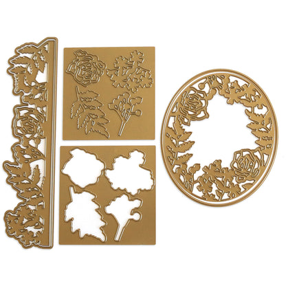 The Wildflower 3D Folder and Dies set, featuring gold metal cutting dies with floral and leaf designs in rectangular and oval shapes, is artfully arranged on a white background, evoking the feel of a wildflower garden.