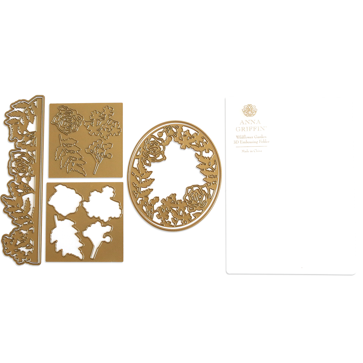 The "Wildflower 3D Folder and Dies," featuring gold metal craft dies with floral designs and an embossing folder, are attractively presented next to white "Anna Griffin" packaging. These detailed cutting dies infuse wildflower garden elegance into your creative projects.