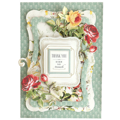 Super Sentiments and Signature Cards: Layered thank you card featuring red, yellow, and white flowers around a central "Thank you ever so much" plaque on a light blue patterned background—perfect for handmade cards or combining with sentiment stickers.
