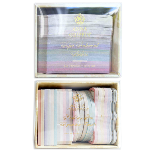 The Super Sentiments and Signature Cards set includes pastel-colored sentiment stickers for your handmade card collection.