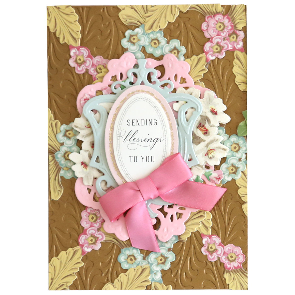 An ornate handmade card adorned with Floral 12" Border Stickers, featuring floral designs and a pink bow, and showcasing the text "Sending Blessings to You" in the center.