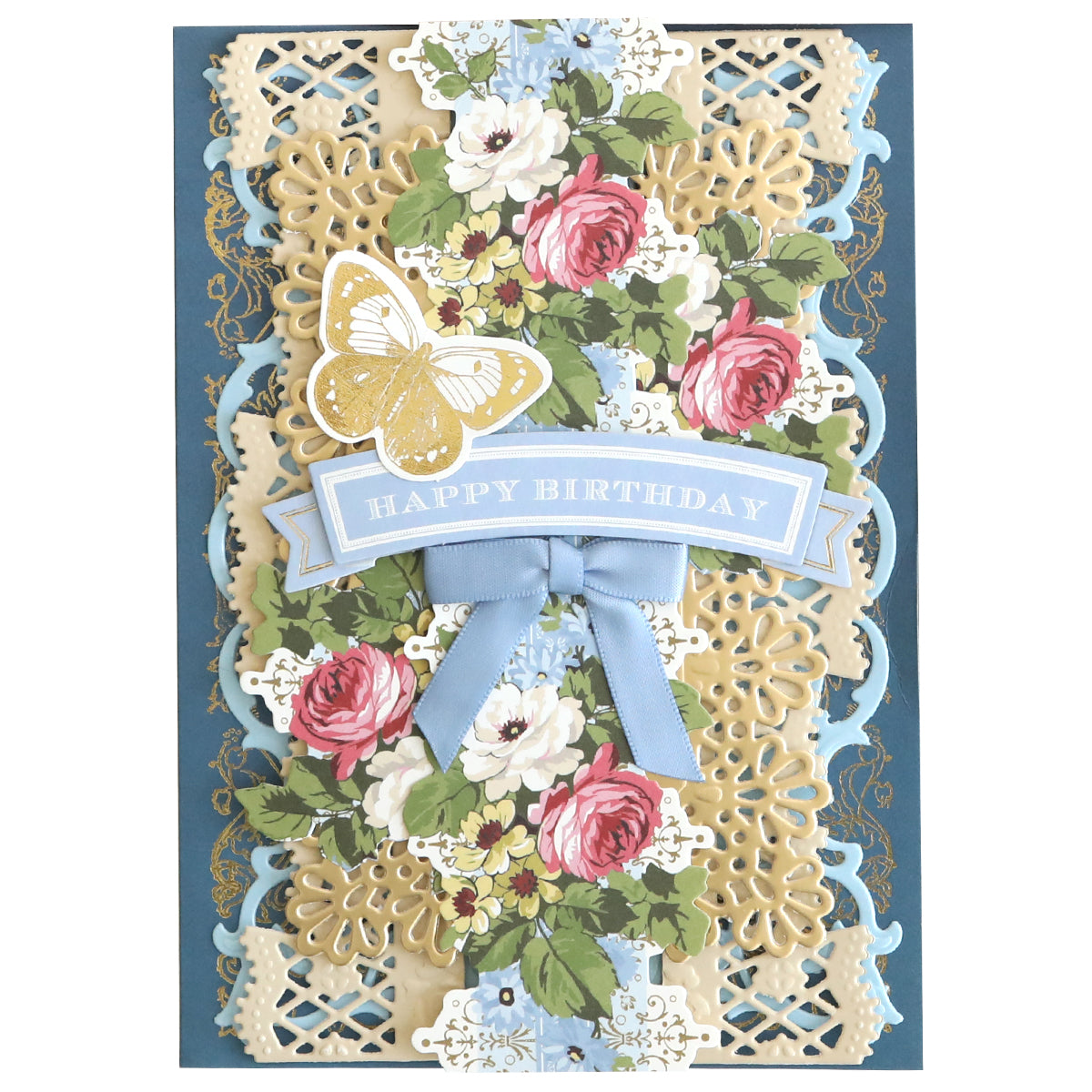 The Floral 12" Border Stickers showcase beautiful floral patterns, a charming blue ribbon bow, a delightful butterfly illustration, and a "Happy Birthday" banner at the center. Ideal for adding a touch of elegance to scrapbook pages or handmade cards, they bring sophistication to your special moments.