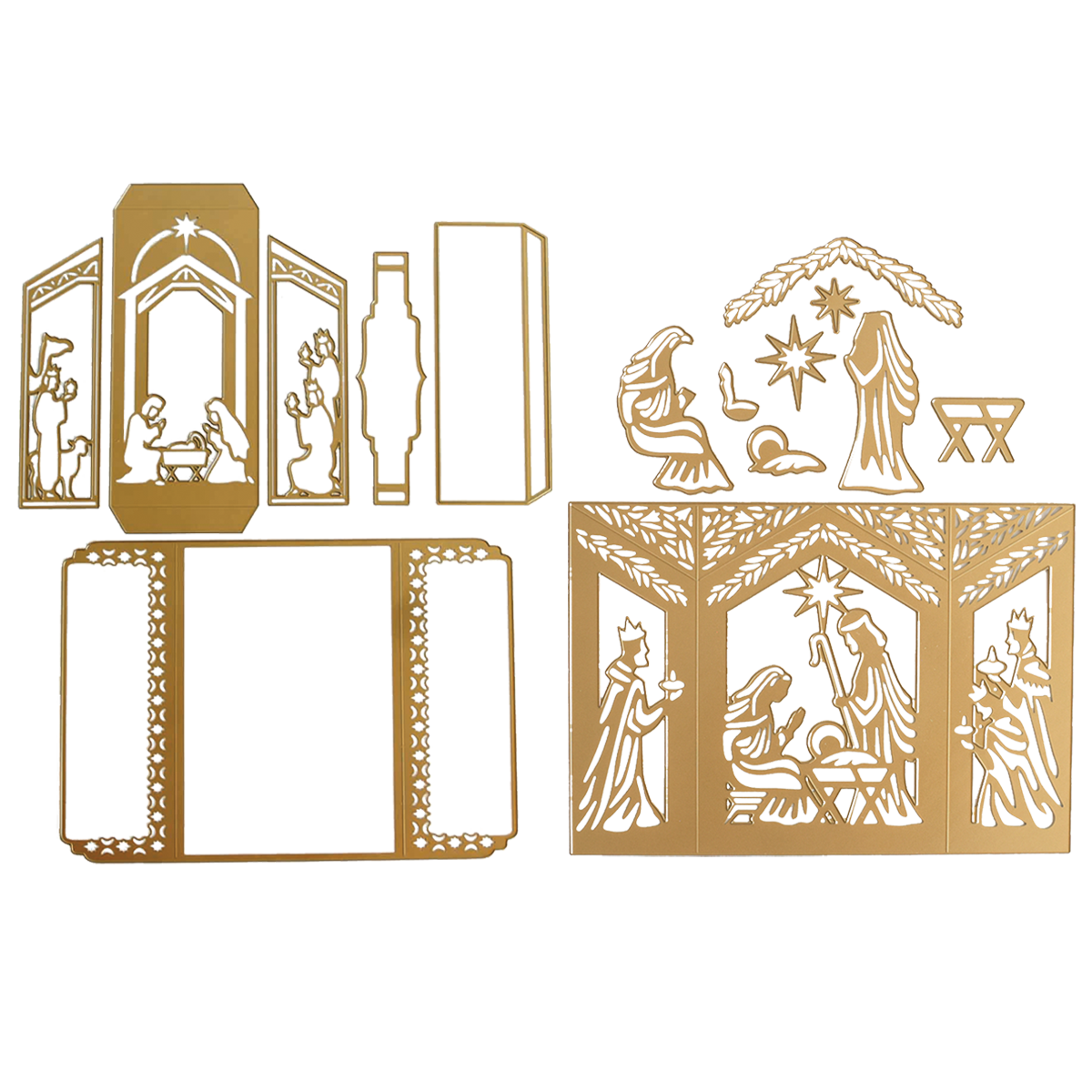 Gold-colored metal Nativity Scenes Die Set Collection for creating decorative nativity scenes and shutter card die sets.