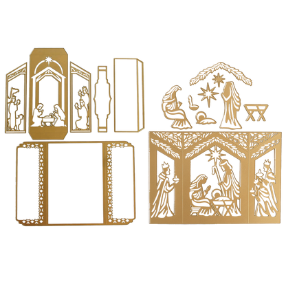 Gold-colored metal Nativity Scenes Die Set Collection for creating decorative nativity scenes and shutter card die sets.