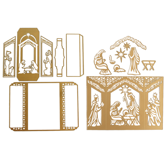 Gold-colored metal Nativity Scenes Die Set Collection for creating decorative nativity scenes and shutter card die sets.