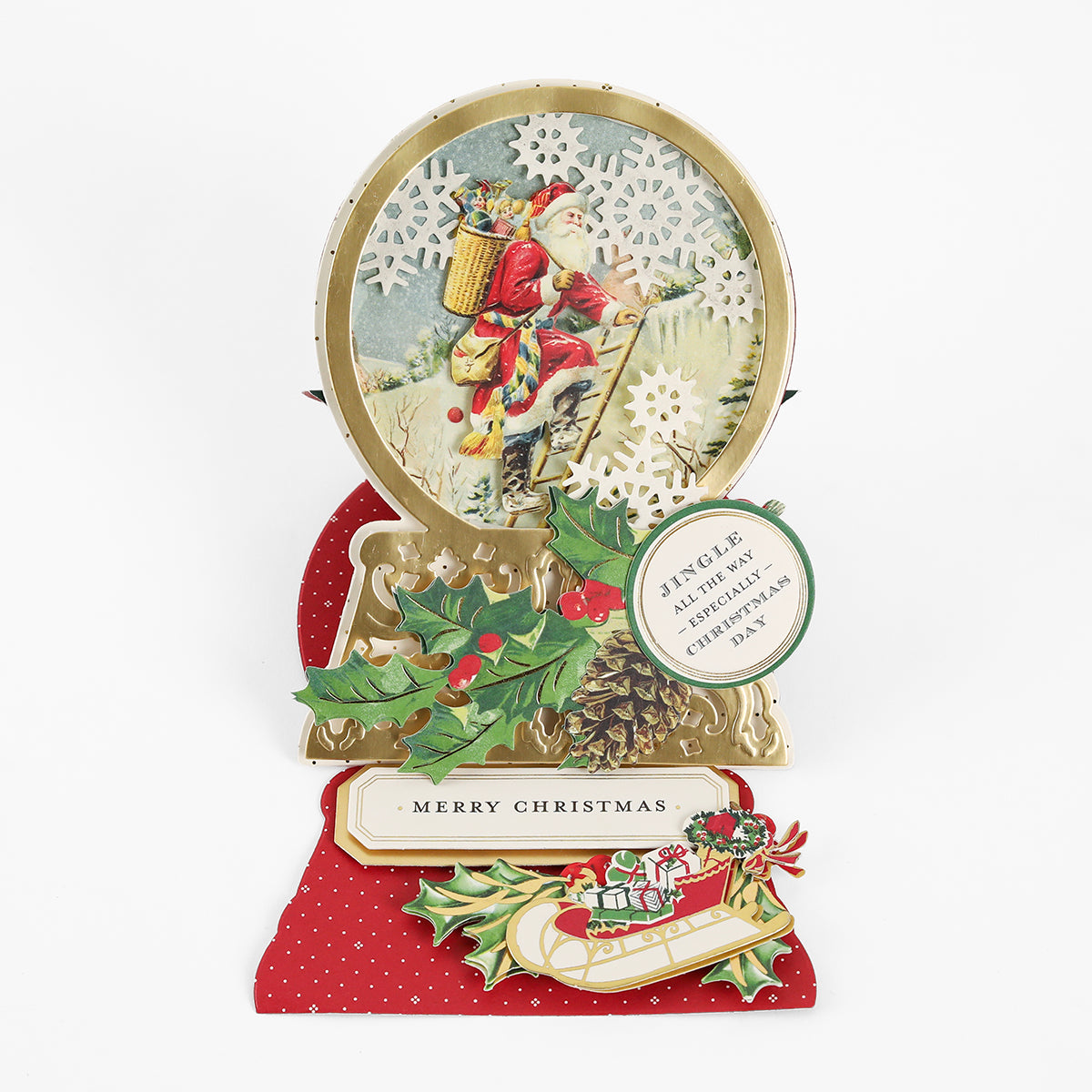 Create a festive Christmas card with a decorative, vintage-style Santa, holly, pinecones, and a sleigh—perfect for crafters! This charming design coordinates beautifully with the Snowglobe Easel Card Dies or other metal dies. Sentiments include “Merry Christmas” and “Jingle all the way, Happy Christmas.”.