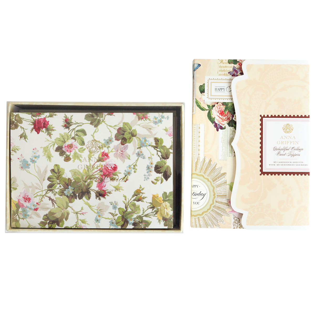 The Delightful Collage Toppers and Cards boxed set includes floral-themed cards, matching envelopes, and card toppers in a decorative Anna Griffin package—the perfect cardmaking bundle.