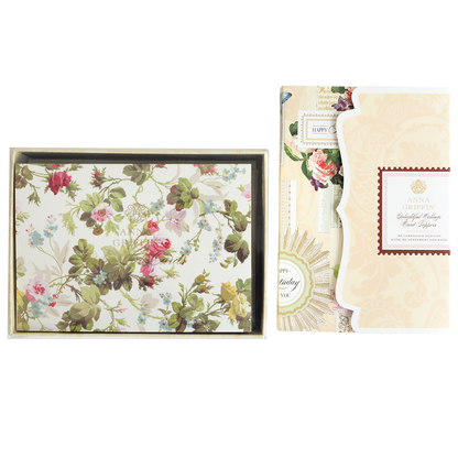 The Delightful Collage Toppers and Cards boxed set includes floral-themed cards, matching envelopes, and card toppers in a decorative Anna Griffin package—the perfect cardmaking bundle.