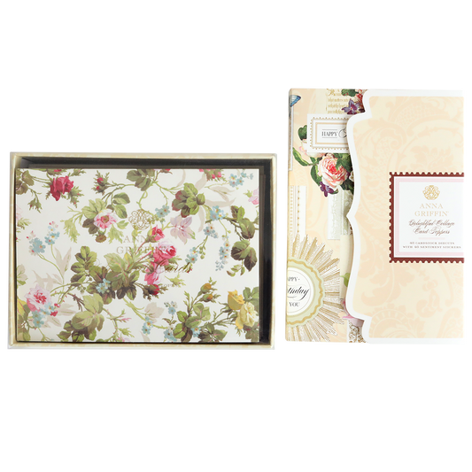 The Delightful Collage Toppers and Cards boxed set includes floral-themed cards, matching envelopes, and card toppers in a decorative Anna Griffin package—the perfect cardmaking bundle.